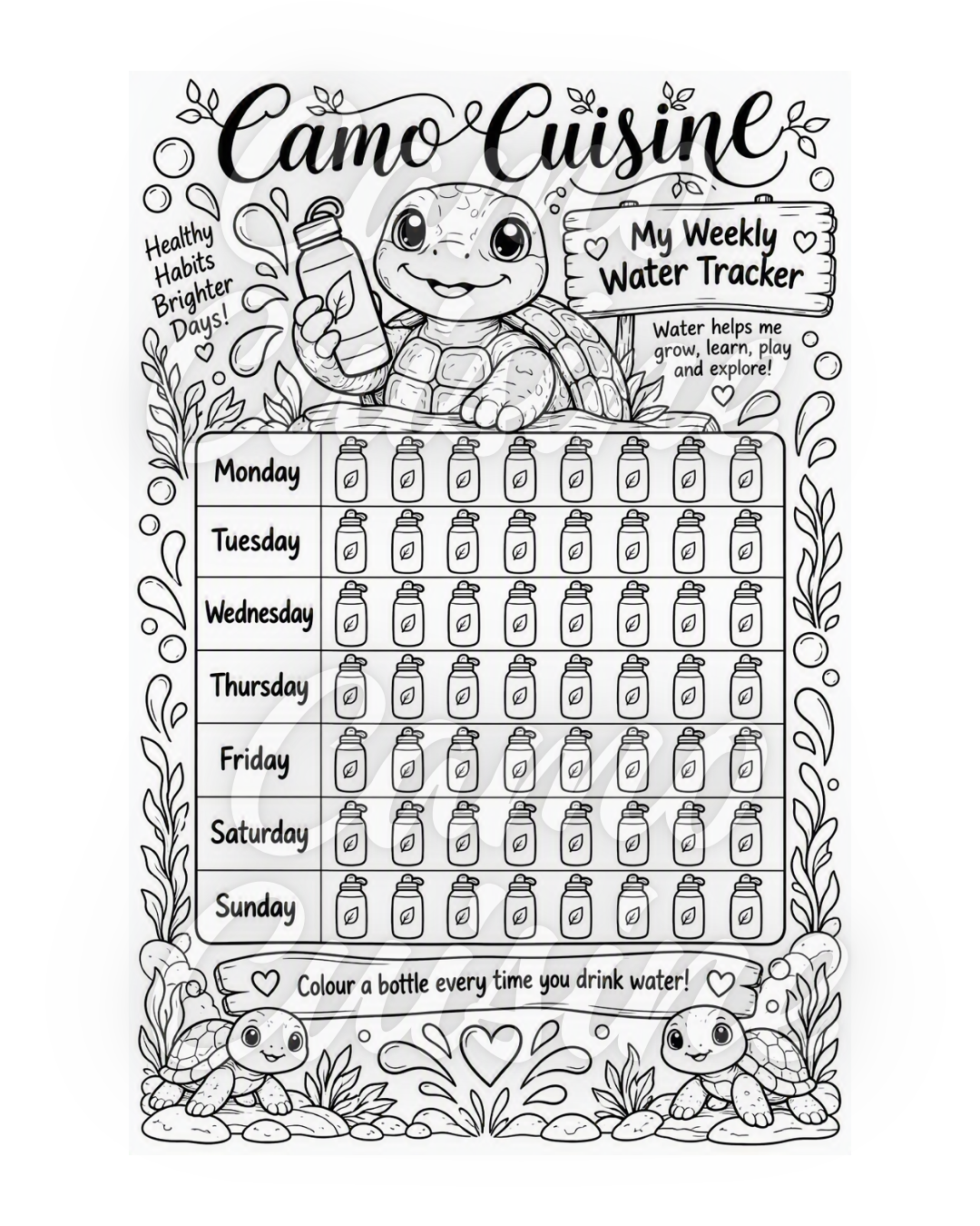 Weekly Water Tracker with the Camo Cuisine Turtle